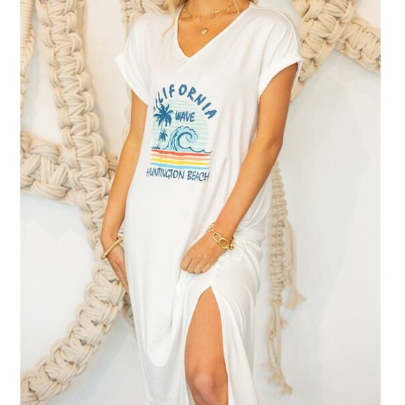 White Boho Graphic Long Maxi T-Shirt Tunic Dress - Picture 5 of 6